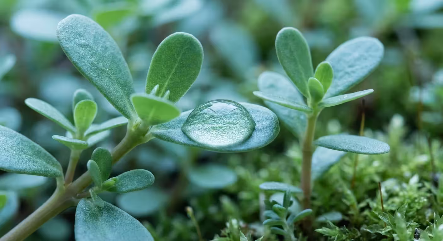 Macro shot of a dewdrop on a fresh purslane leaf.
