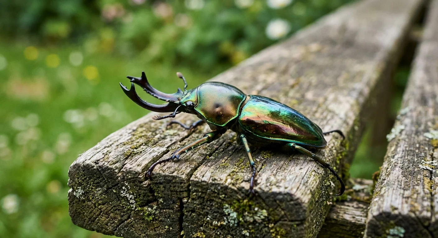 Macro shot of a large beetle on a wooden bench with a blurred garden background.