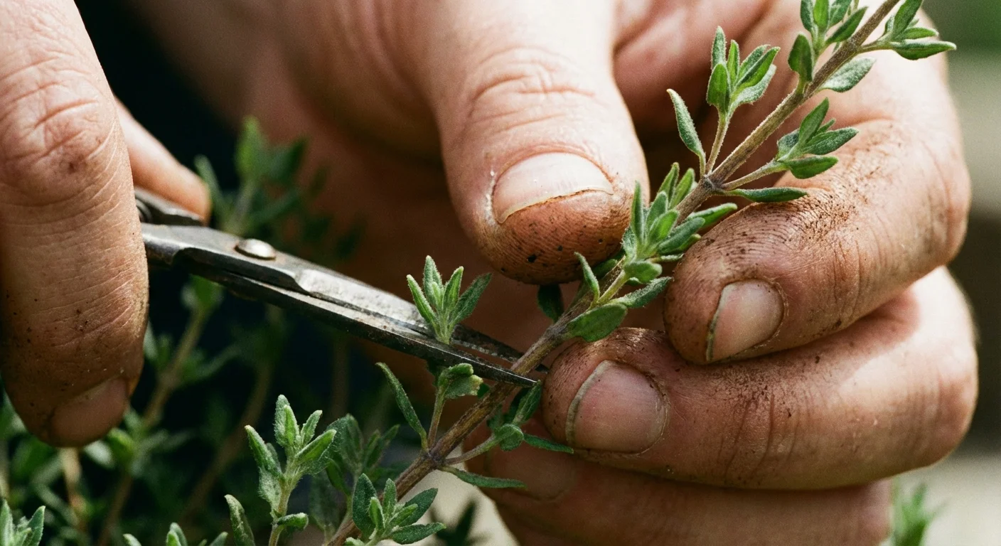 Macro shot of hands stripping the lower leaves from a thyme stem.