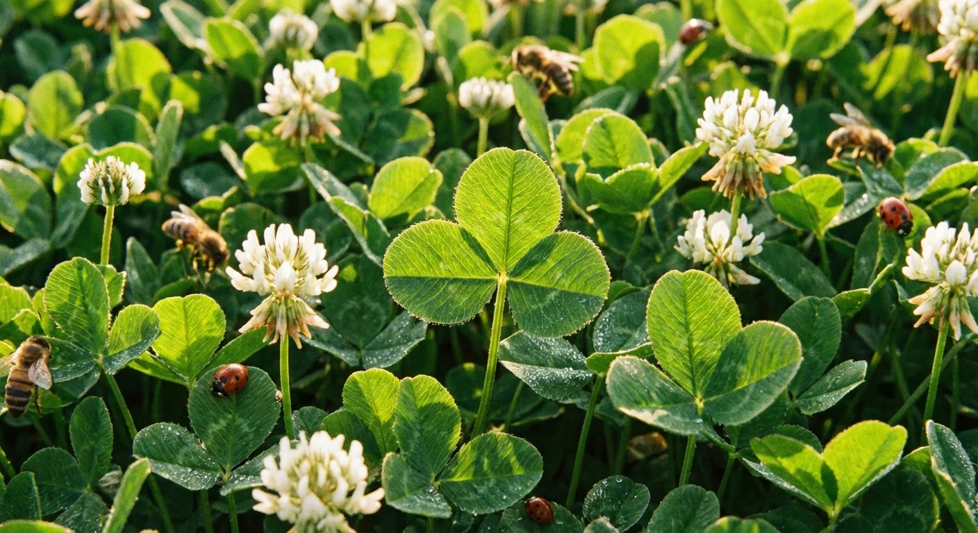 Macro shot of healthy green clover leaves and white flowers in a garden.
