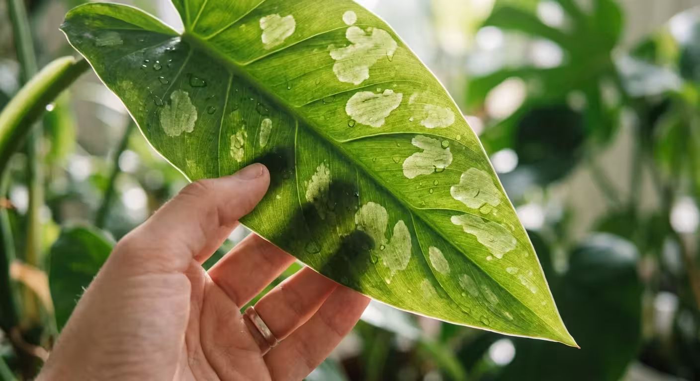 Macro view of a hand holding a plant leaf to show small spots on the surface.