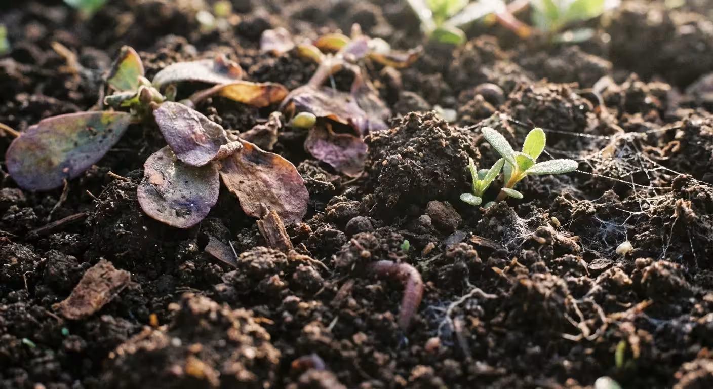 Macro view of dark, healthy garden soil with decomposing purslane leaves.