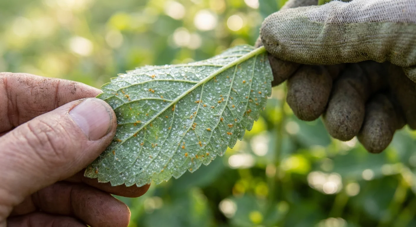 Macro view of powdery mildew and rust spots on a perennial leaf.