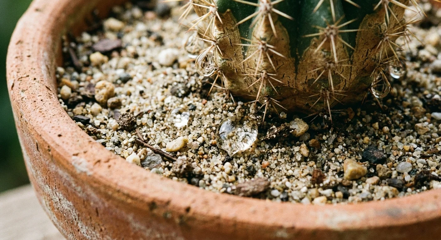 Macro view of well-draining sandy soil in a terracotta pot.