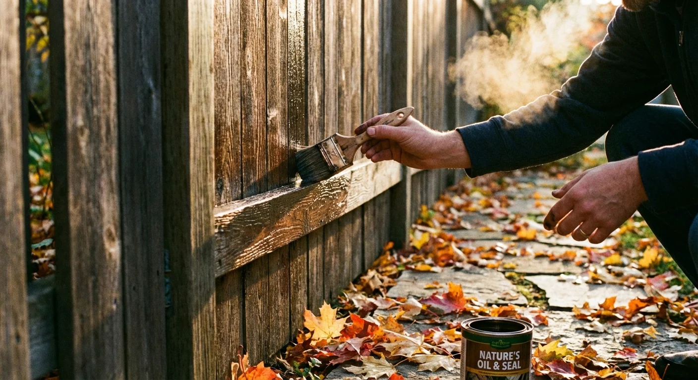 Maintaining a wooden garden fence with a brush and sealant in autumn.