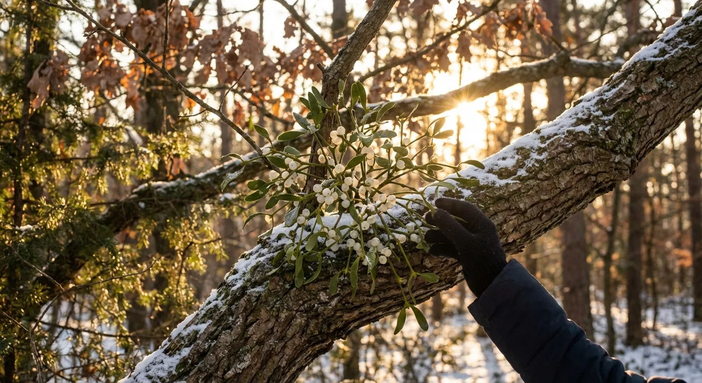 Mistletoe with small white berries growing on a tree branch in winter sunlight.