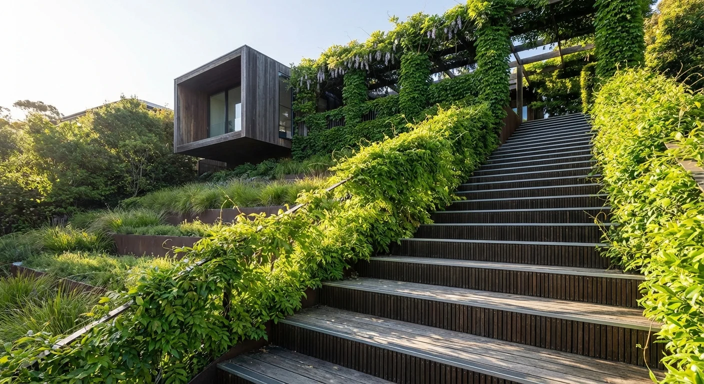 Modern wooden steps built into a steep garden slope, surrounded by lush climbing plants.