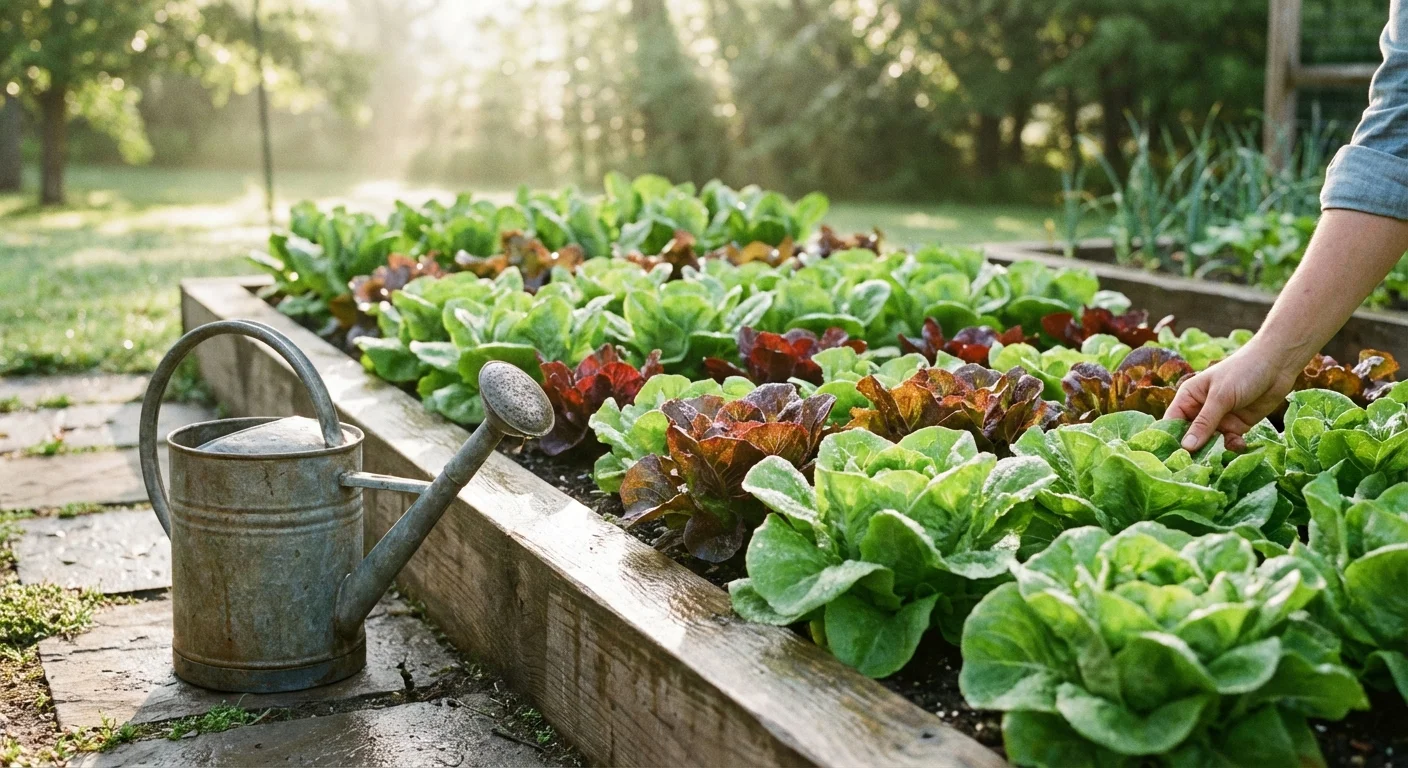 Neat rows of fresh leaf lettuce growing in a sunlit garden.