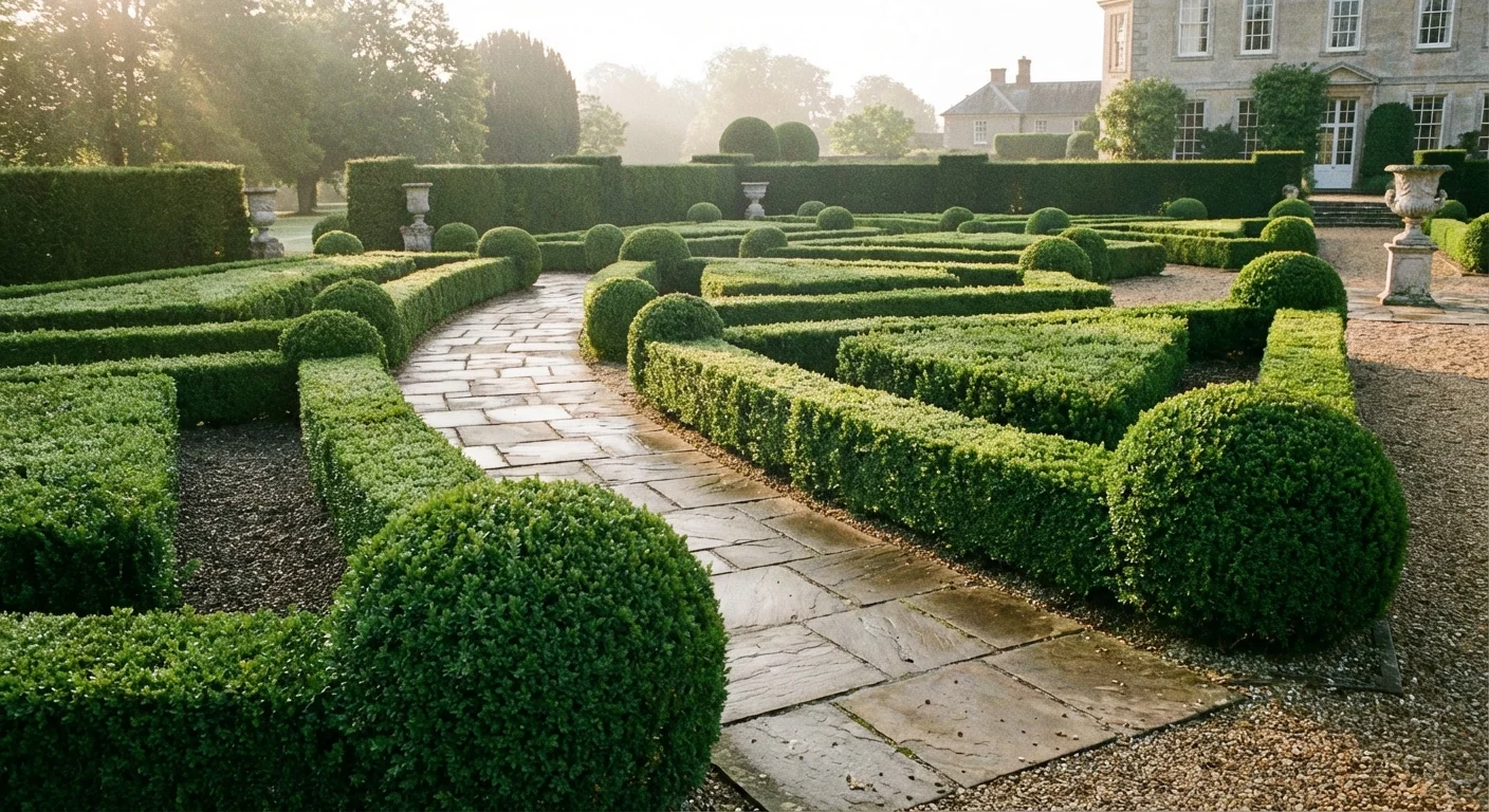 Neatly manicured Boxwood shrubs bordering a stone path in a classic home garden.