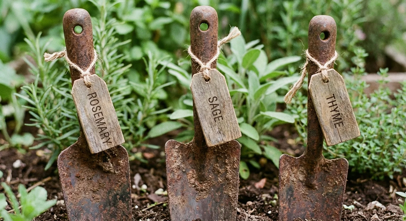 Old garden trowels repurposed as plant markers in dark soil.