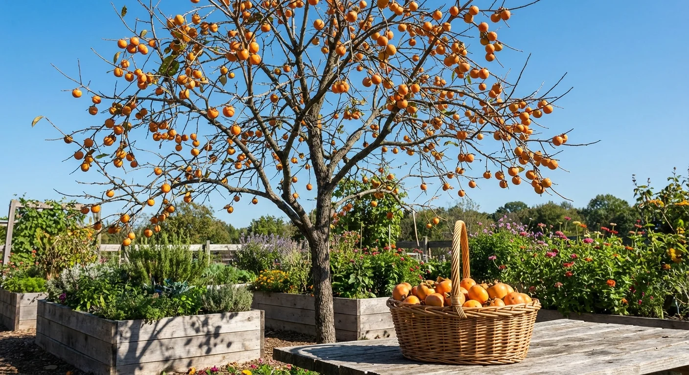 Orange persimmon fruits ripening on a tree branch in a sunny garden.
