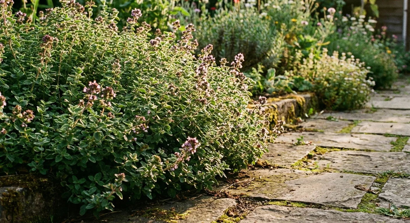 Oregano plants growing along a stone garden walkway in the sun.