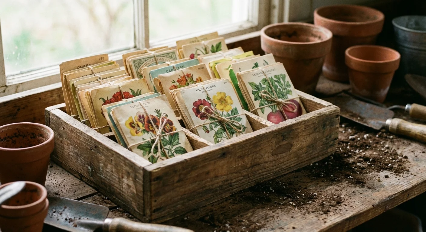Organized seed packets in a rustic wooden storage box.