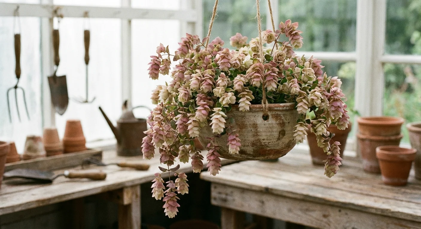 Ornamental Oregano with unique textured blooms in a hanging pot.