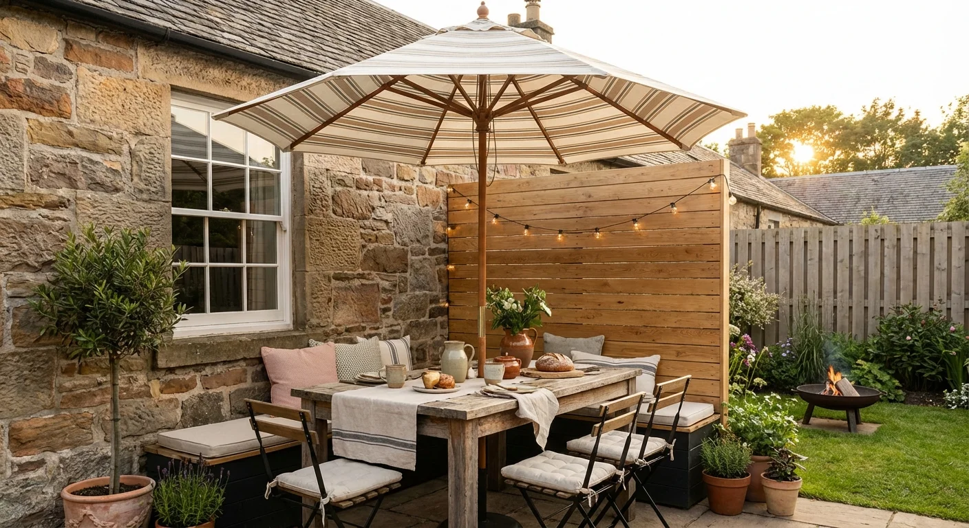 Outdoor furniture arranged strategically in a corner for maximum privacy.