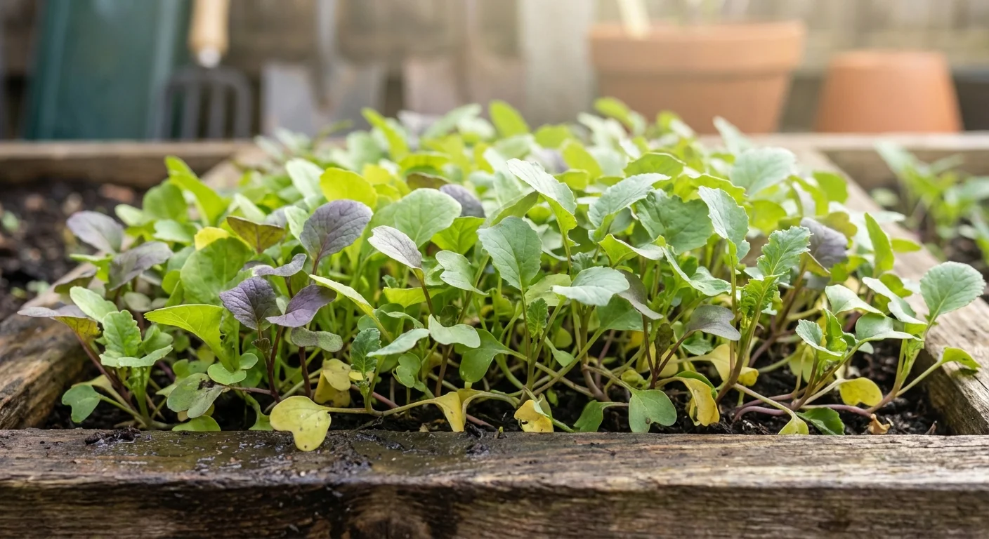 Overcrowded vegetable plants growing too close together in a garden bed.