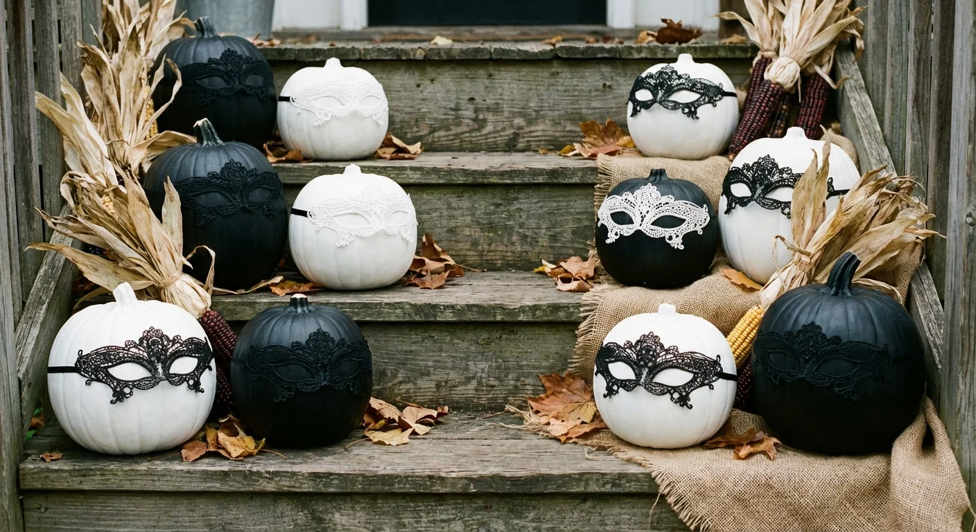Painted pumpkins wearing black lace masks on wooden steps.