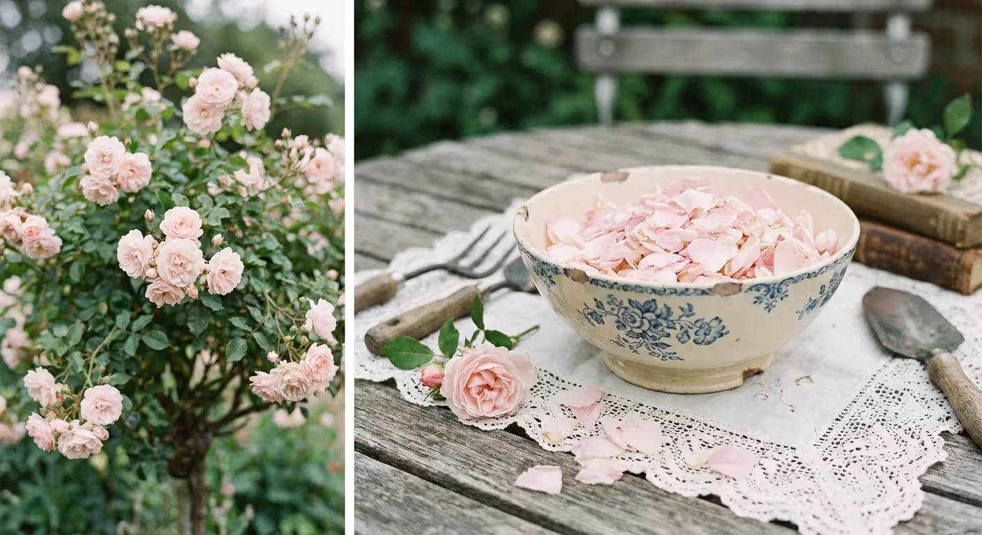 Pale pink tea roses blooming on a bush next to a bowl of petals.