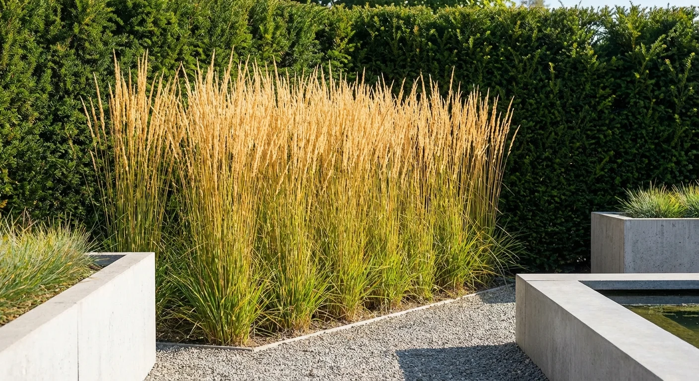 Perfectly vertical stalks of Reed Grass in a contemporary garden setting.