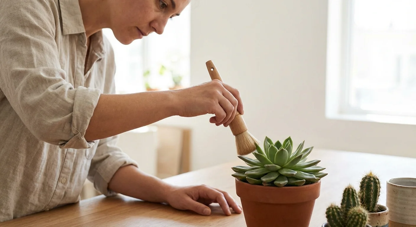 Person cleaning succulent leaves with a small soft brush.