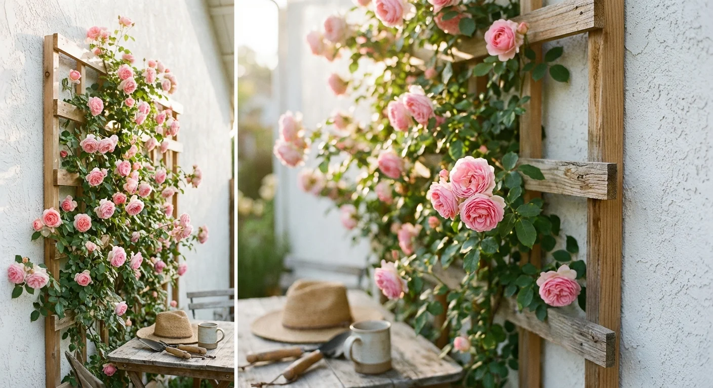 Pink climbing roses growing up a wooden trellis against a clean white wall.