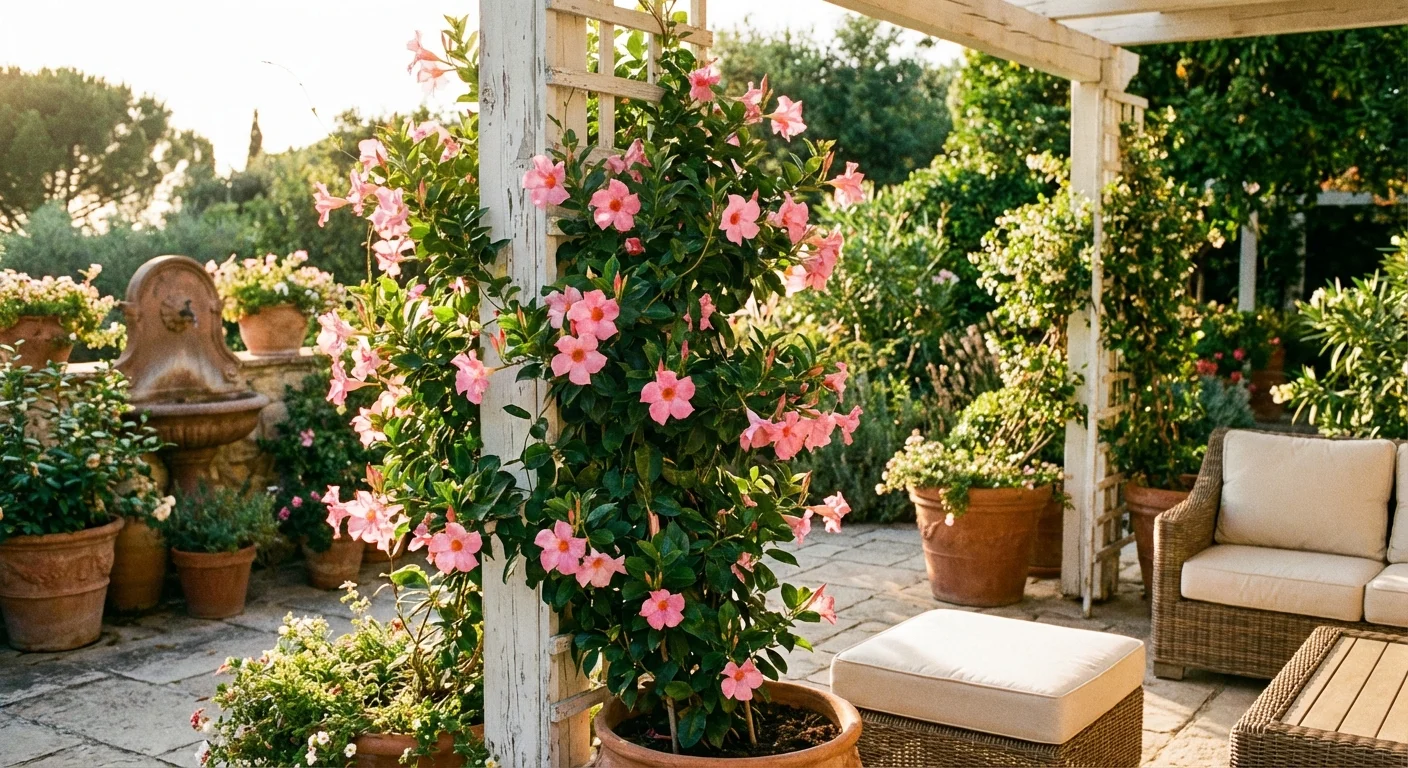 Pink mandevilla flowers climbing a white trellis in the sun.
