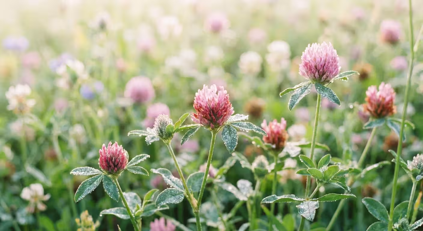Pink red clover flowers with dew drops in a green meadow.