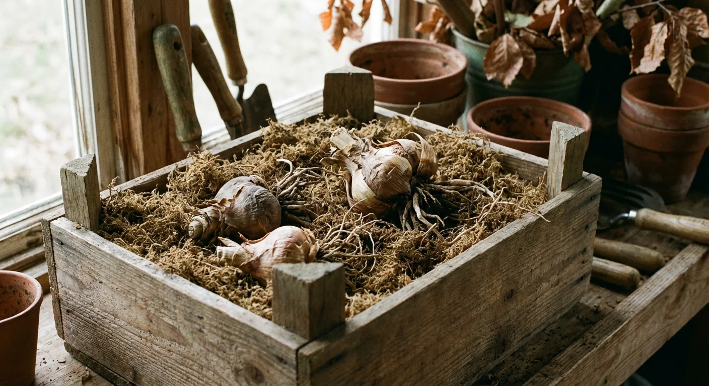 Plant bulbs stored in a wooden crate with peat moss for winter.