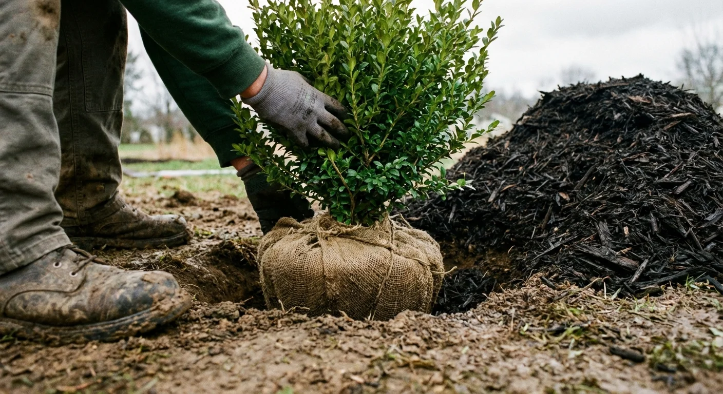 Planting a new shrub in the garden during the fall season.