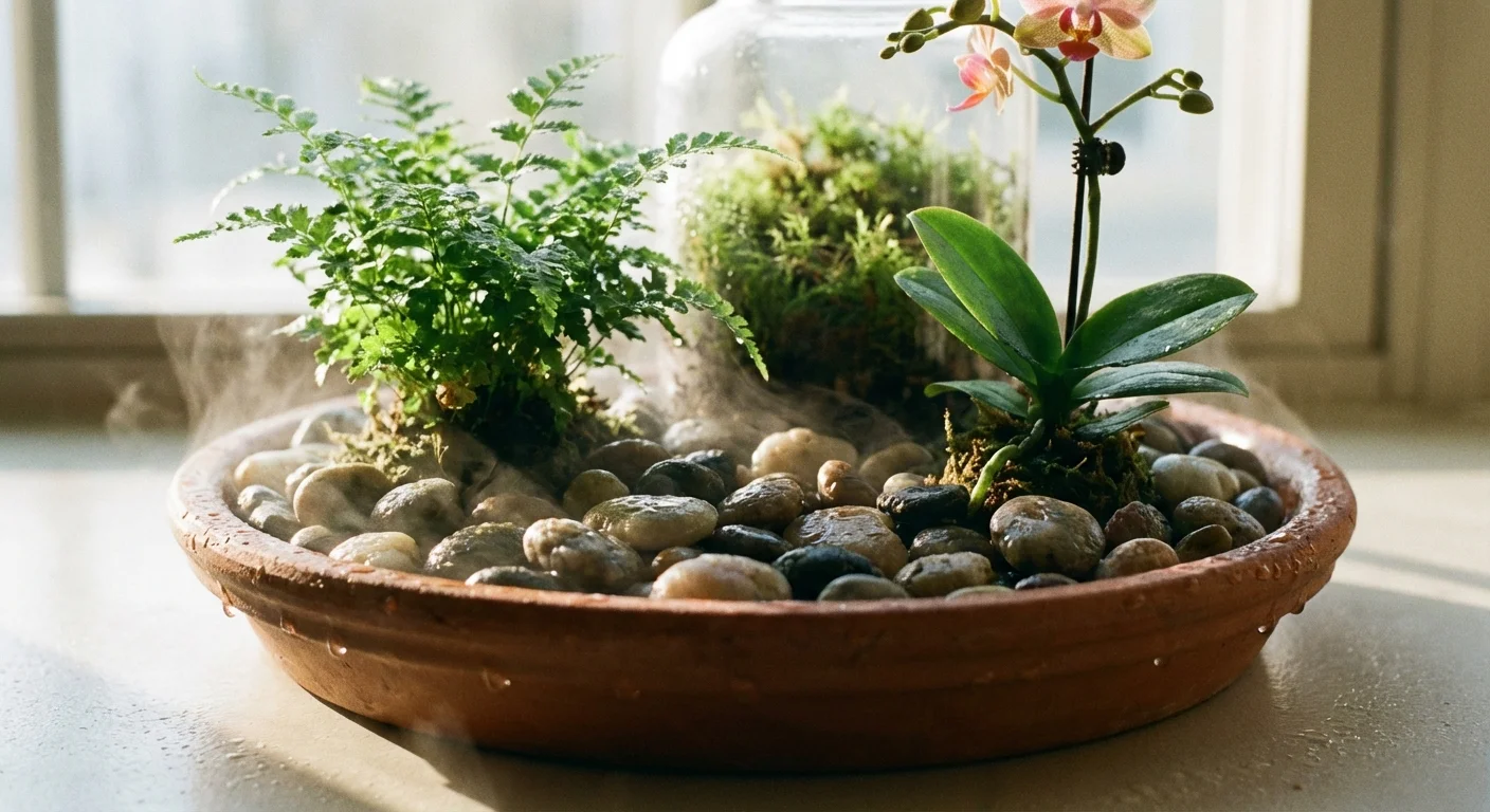 Plants sitting on a pebble tray with water for humidity.