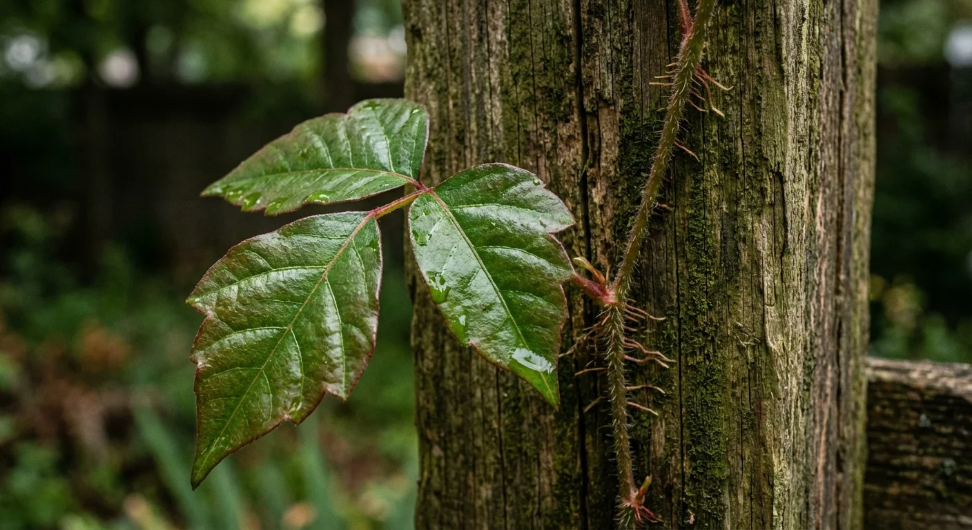 Poison ivy leaves climbing up a rustic wooden post in a garden.
