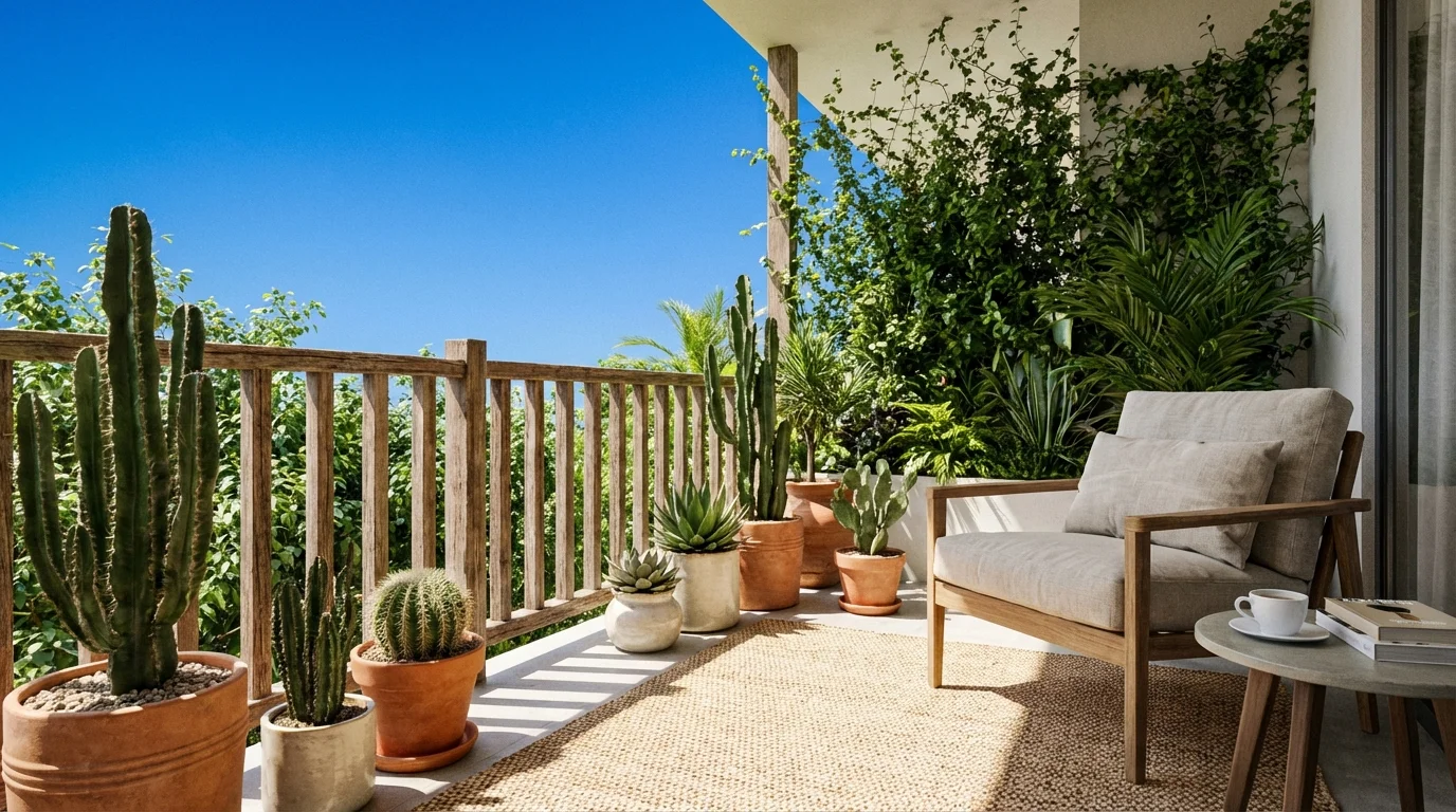 Potted cacti arranged on a sunny apartment balcony under a clear blue sky.