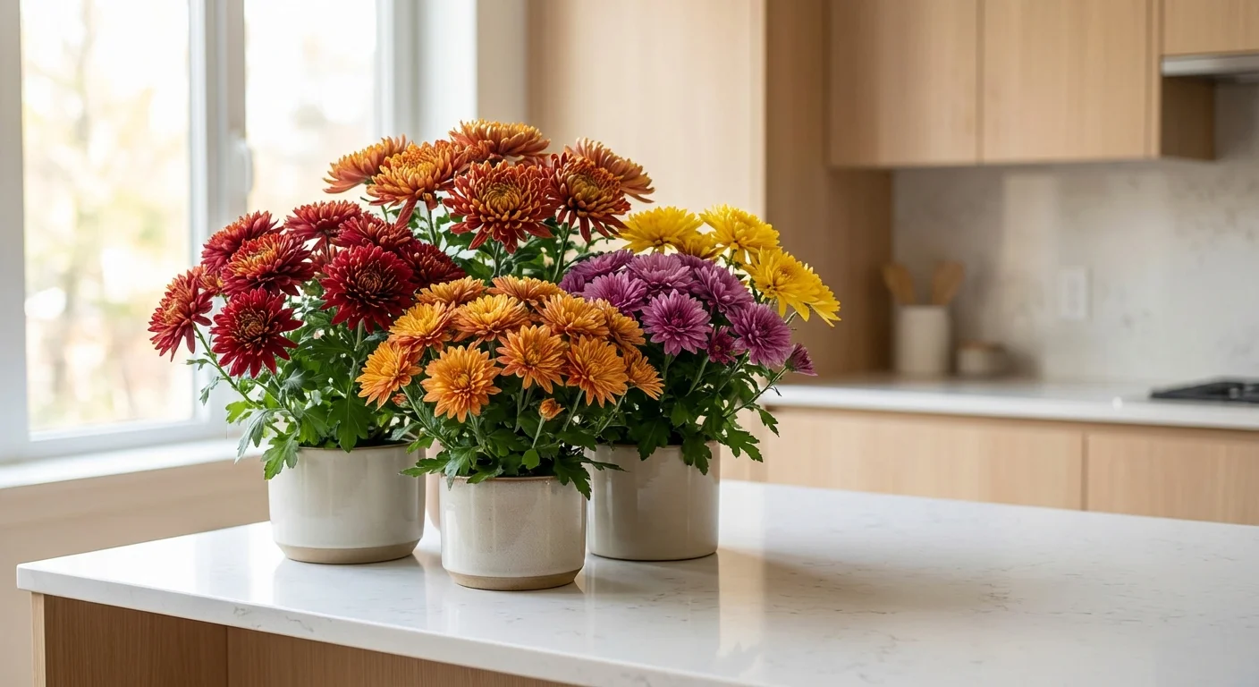 Potted Chrysanthemums with bright flowers sitting on a kitchen counter.