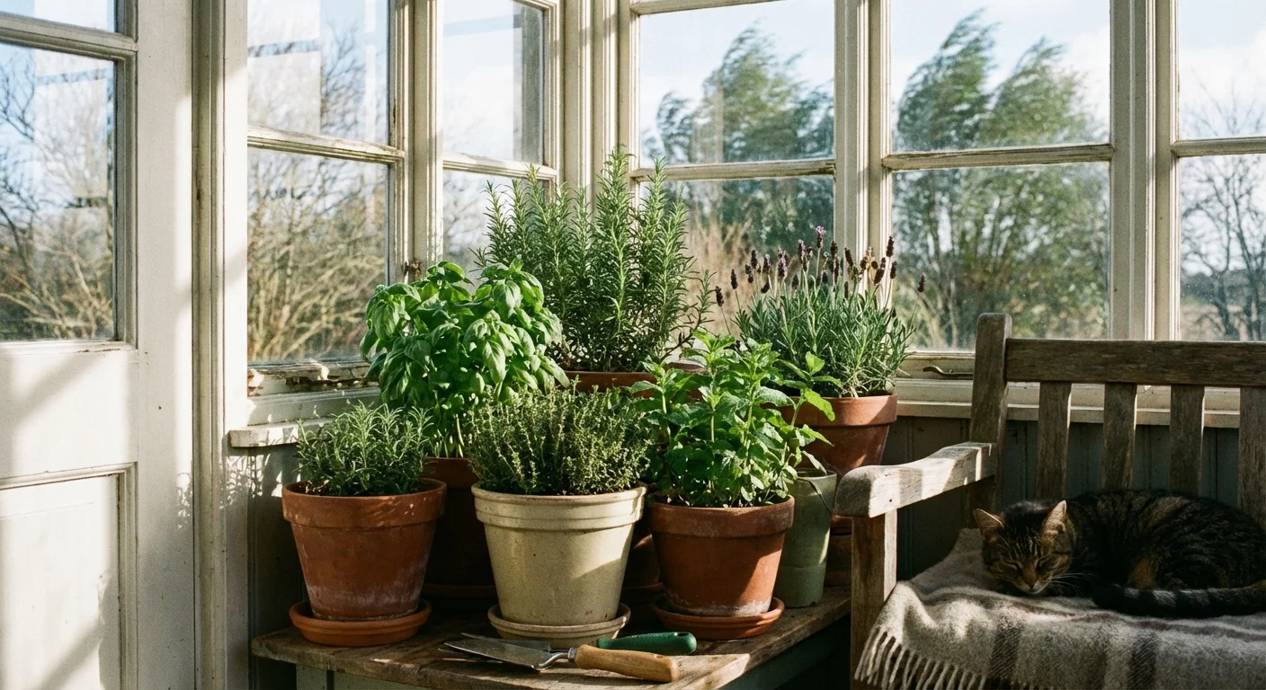 Potted herbs placed in a sheltered corner of a glass porch to block the winter wind.