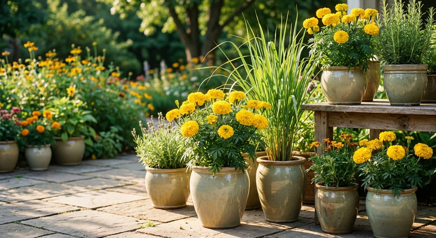 Potted marigolds and lemongrass on a sunny garden patio.