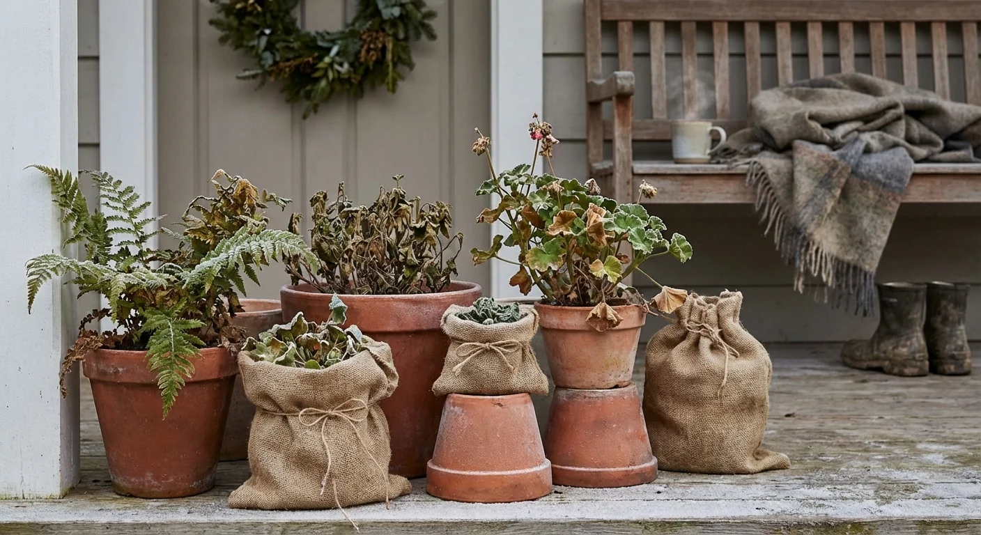 Potted plants on a porch during a frosty morning.