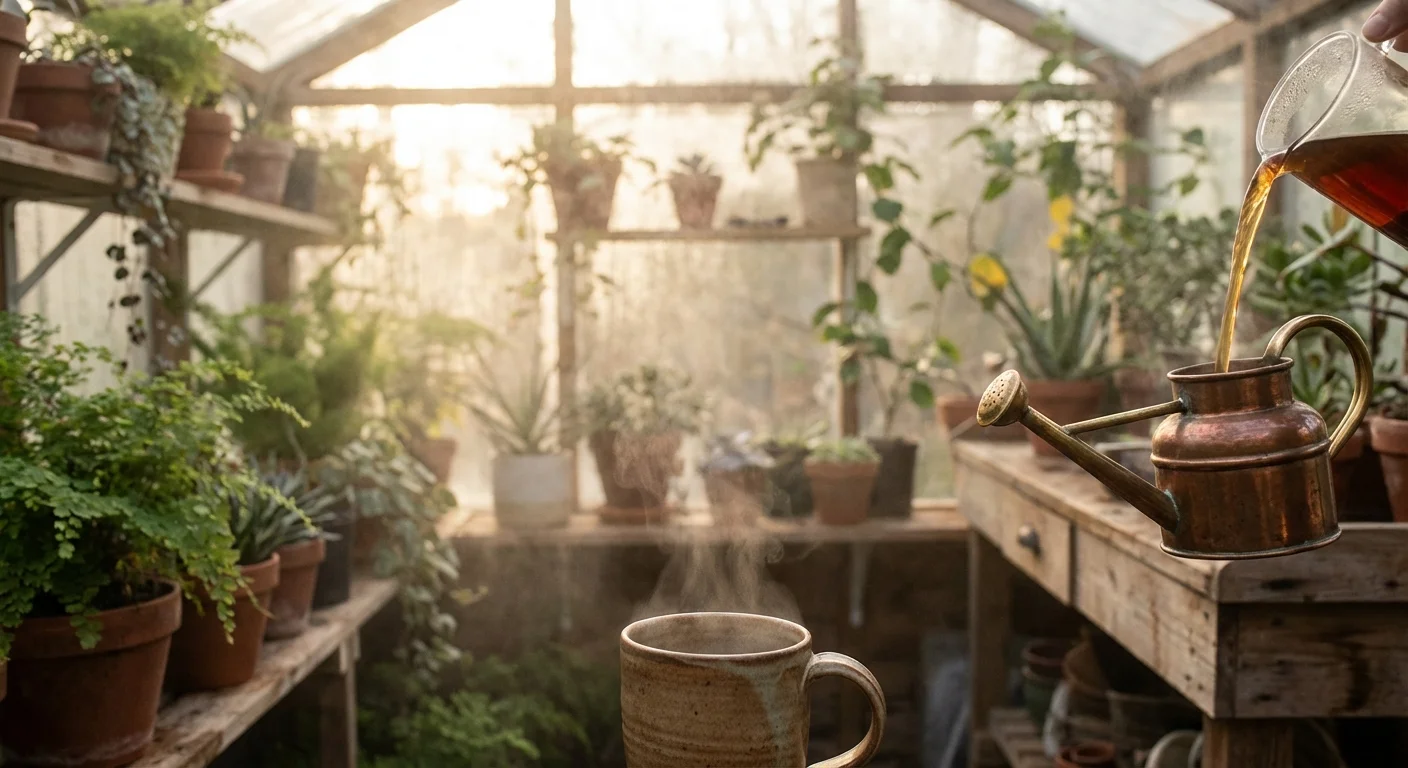 Pouring chamomile tea into a watering can in a sunny greenhouse.