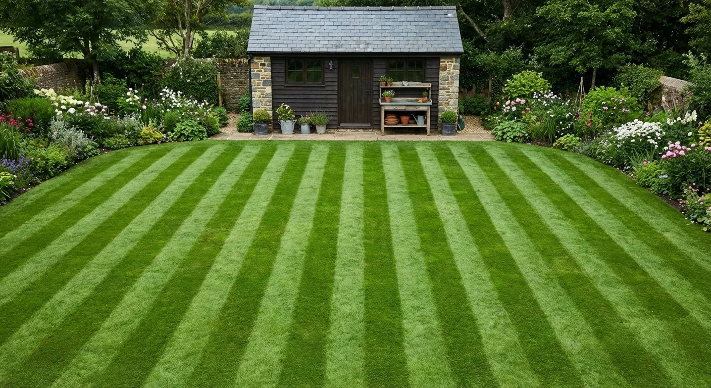 Professional straight stripes on a perfectly manicured emerald green lawn.
