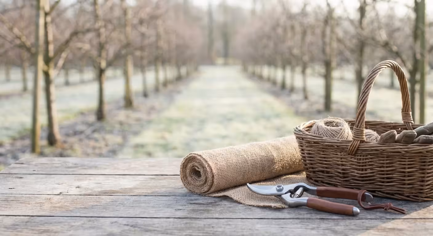 Pruning shears and burlap on a wooden table in a winter garden.