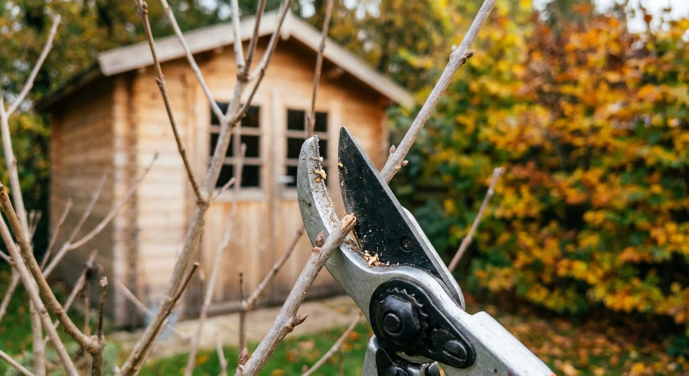 Pruning shears cutting a small branch in an autumn garden.