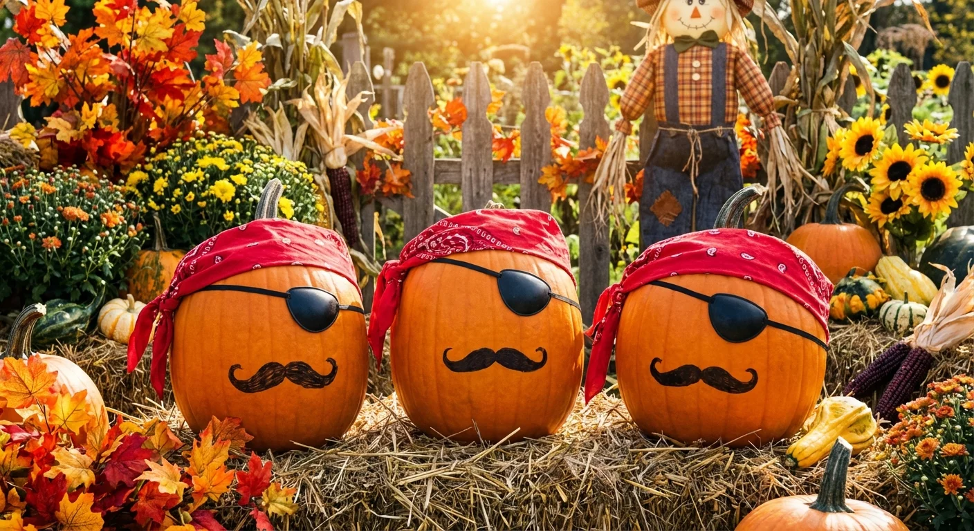 Pumpkins decorated to look like pirates with bandanas and eye patches.