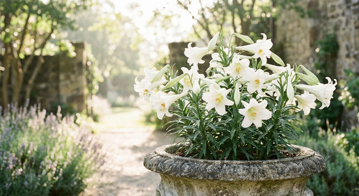 Pure white Easter Lilies blooming in a sophisticated stone garden planter.