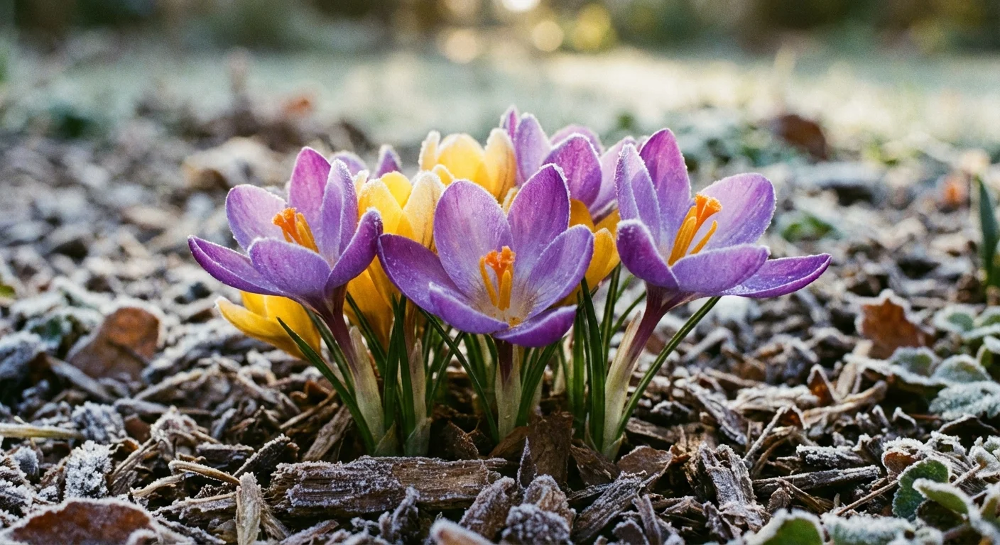 Purple and yellow crocus flowers emerging from frosted garden soil.