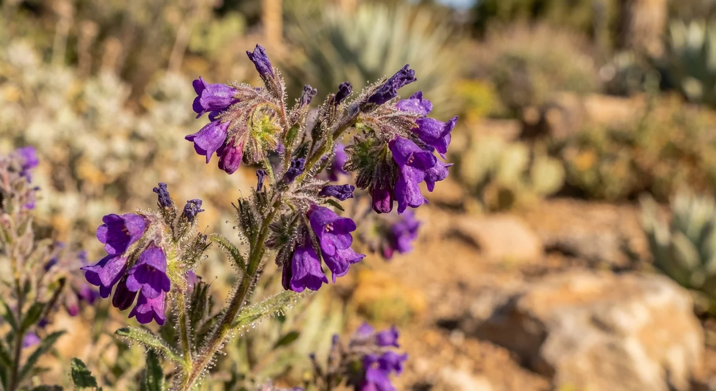 Purple bell-shaped flowers and hairy stems of a poodle-dog bush.