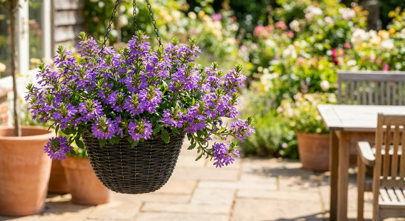 Purple Fan Flowers blooming in a dark wicker hanging basket outdoors.