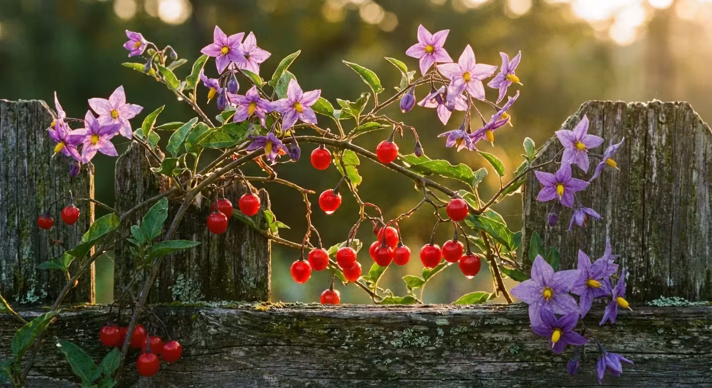 Purple flowers and red berries of Bittersweet Nightshade growing on a wooden fence.