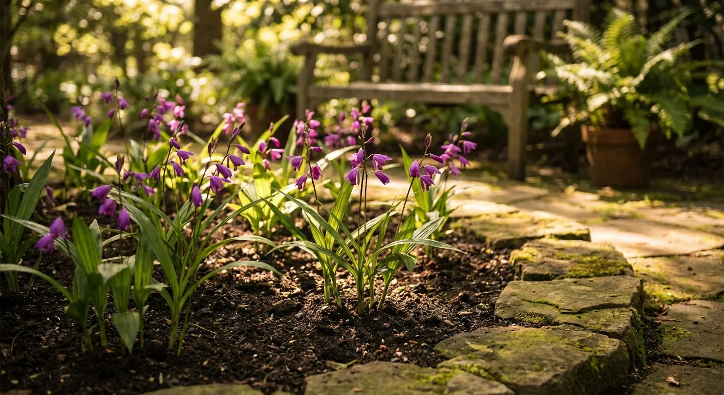 Purple ground orchids blooming in a sunny garden bed.