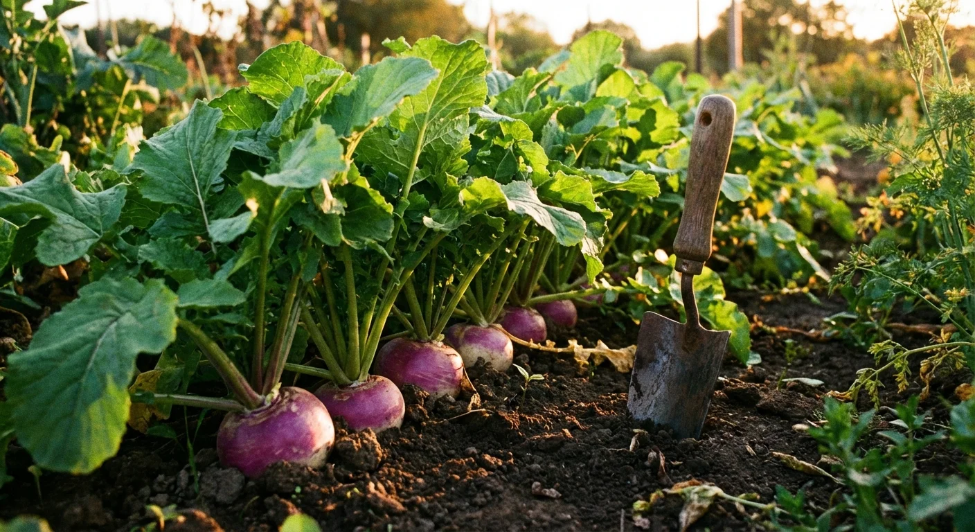 Purple-top turnips growing in dark garden soil with green leaves.