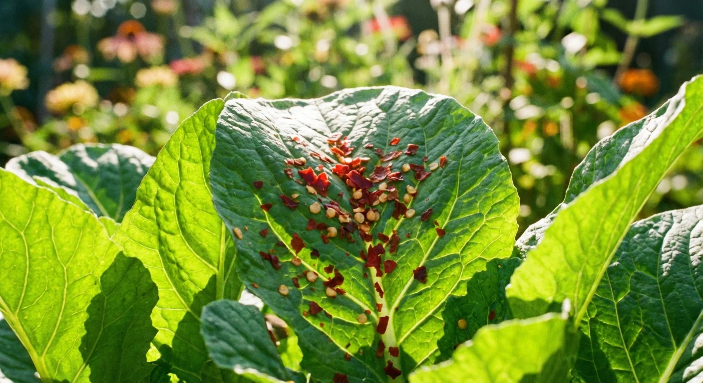 Red cayenne pepper flakes on green vegetable leaves.