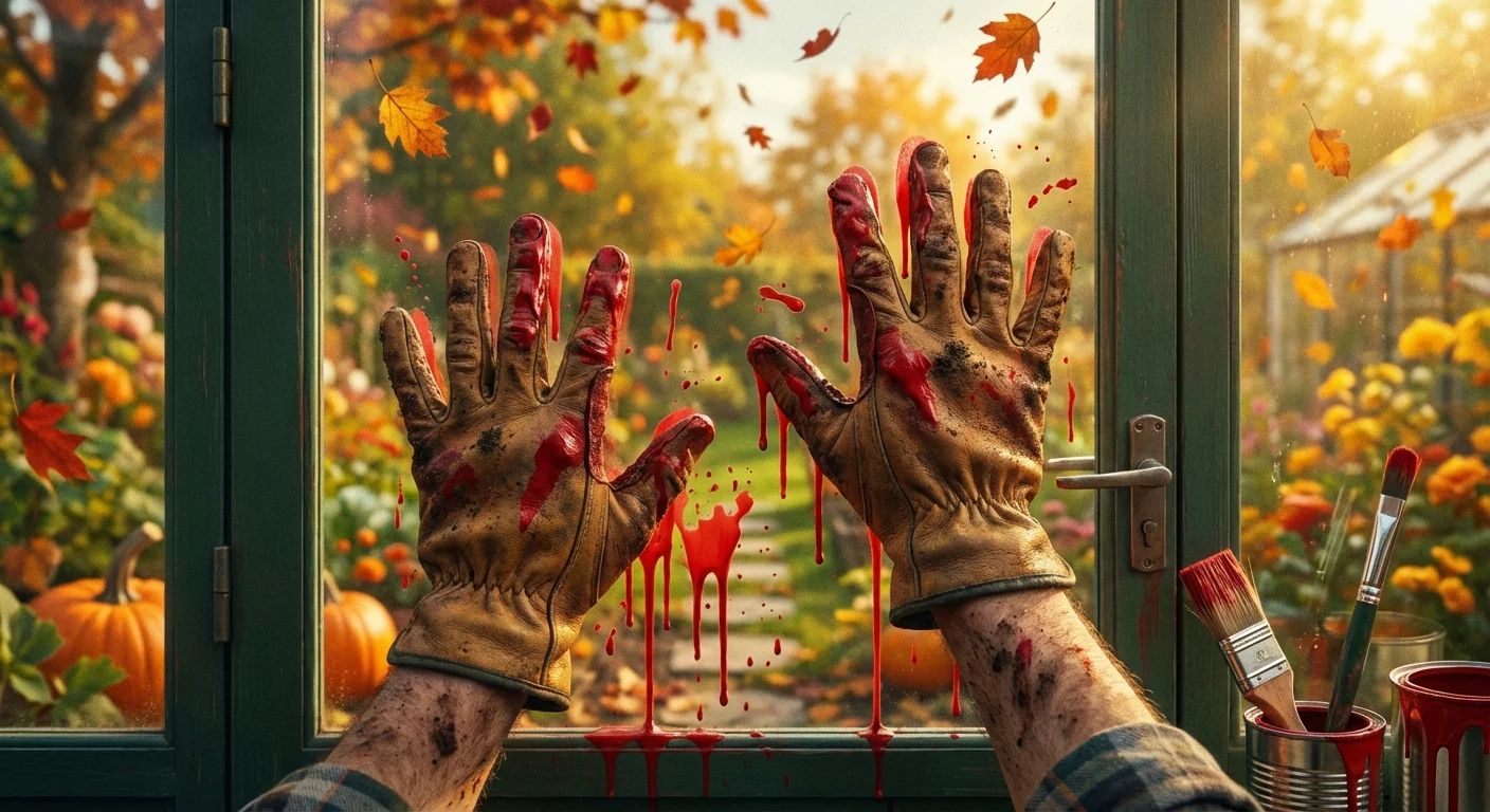 Red paint handprints on a glass door with a garden background.